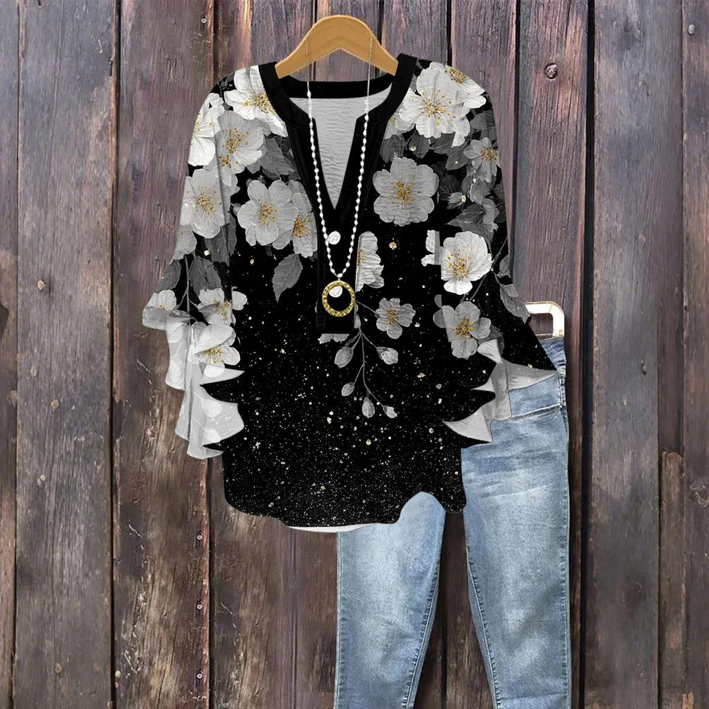 Women's Fashion Button V-Neck Ruffle Seven Sleeve Blouse Floral Printed Top