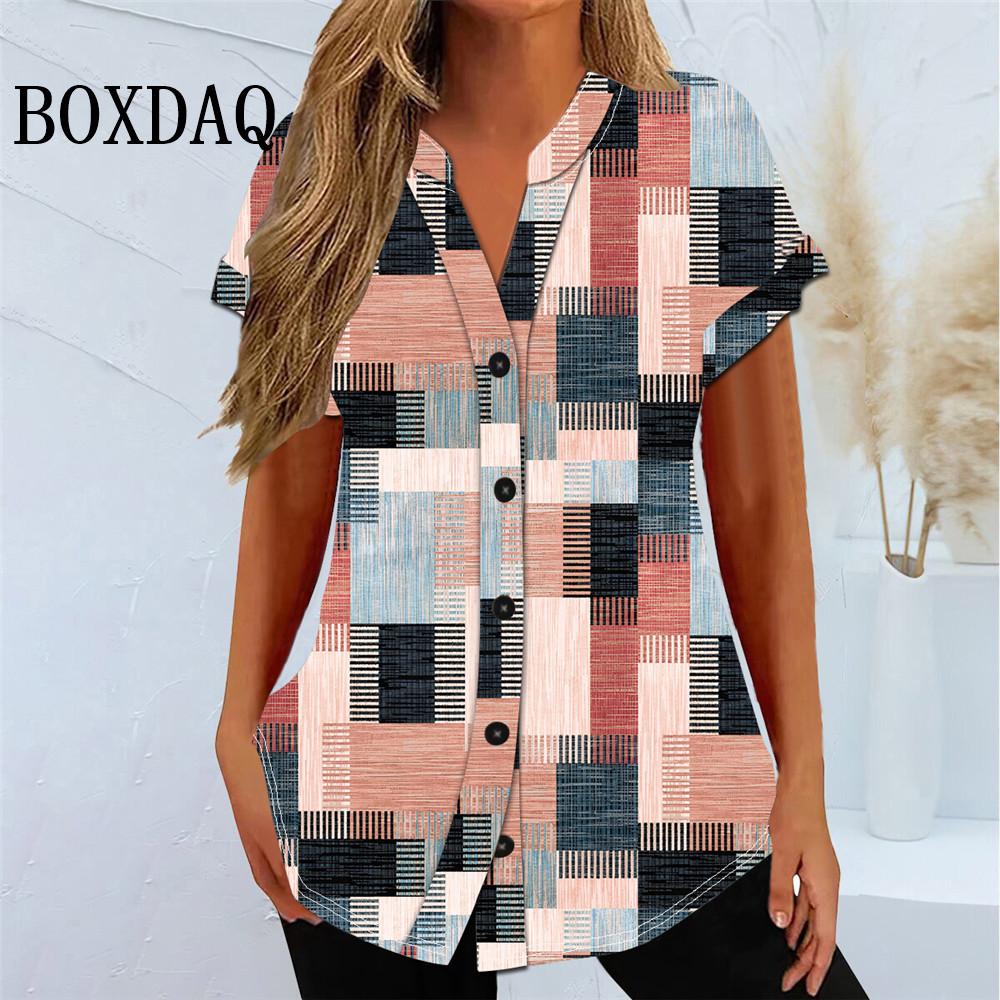 Print Graffiti Cardigan Women Short Sleeve Tops Loose V-Neck Summer Streetwear Shirts Female Single Breasted Casual Blouses 2024