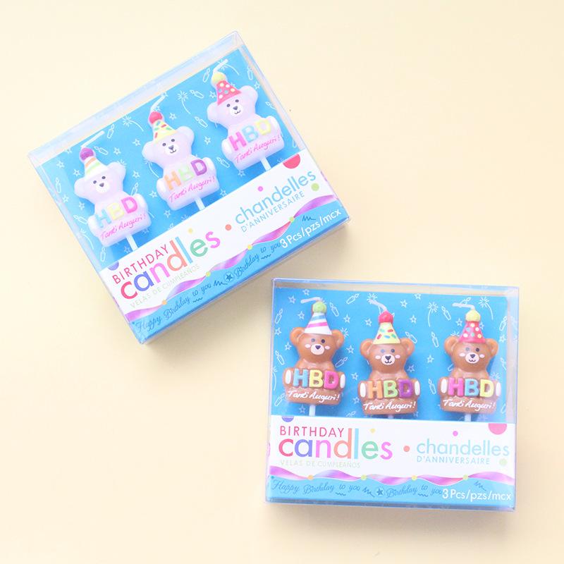 Cartoon 3 Bear Birthday Candles HBD Brown Cute Party Hat Bear Children's Cake Candle Decoration