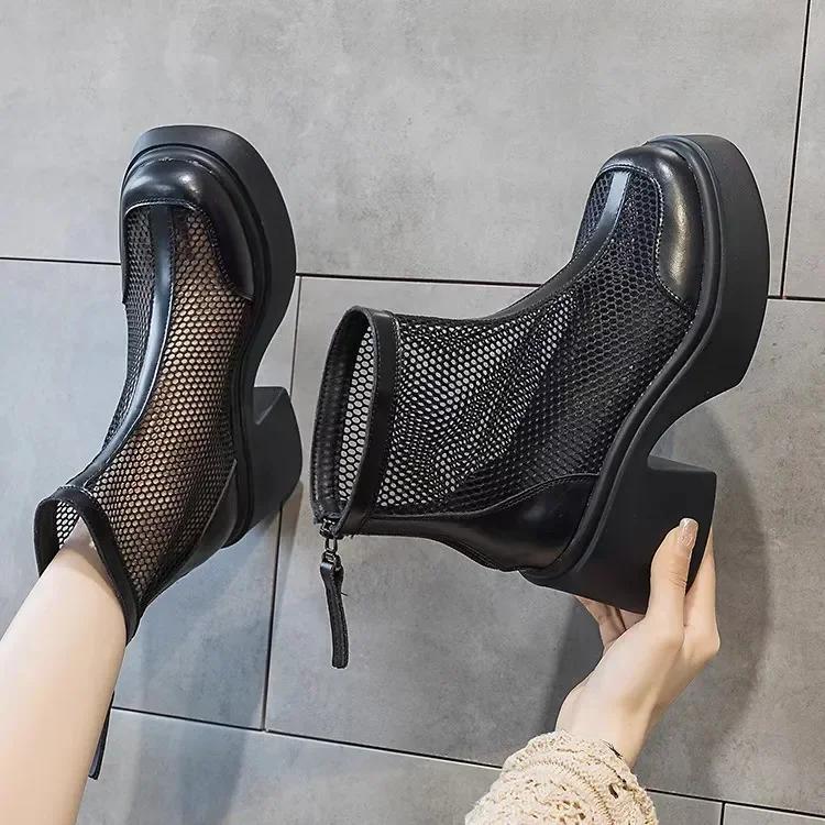 Women Fashion Boots 35-40 New Mesh Hollow Breathable Zipper High-heeled Short Boots Summer Thin Section Of The Short Cold Boots