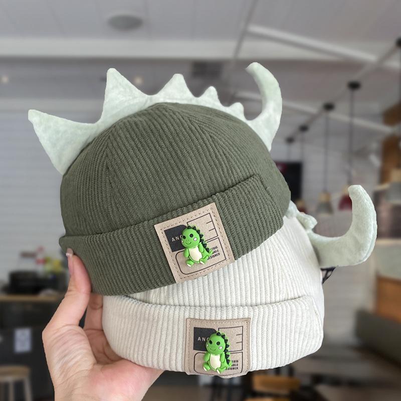Cute Dinosaur Baby Brimless Hat Winter Corduroy Infant Melon Cap 3D Cartoon Adjustable Drawstring Kids Beanie Caps