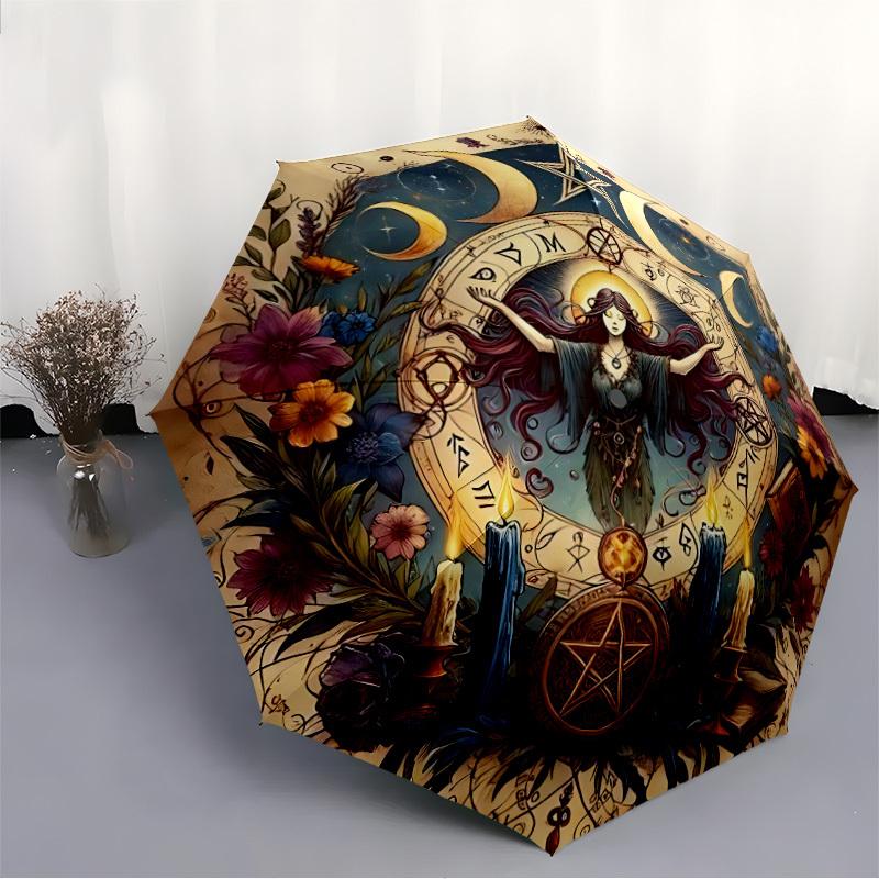 1pc Wicca Moon Fashionable Automatic Opening/Closing Folding Umbrella with 8 Bones, Windproof Portable, Daily Use35