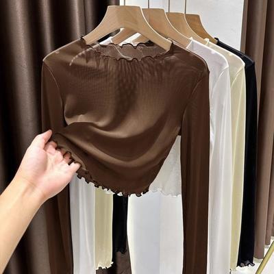 Women Summer Bottoming Tops Round Neck Long Sleeve Mesh Perspective Tops Sun Protection Inner Tops Daily Wear