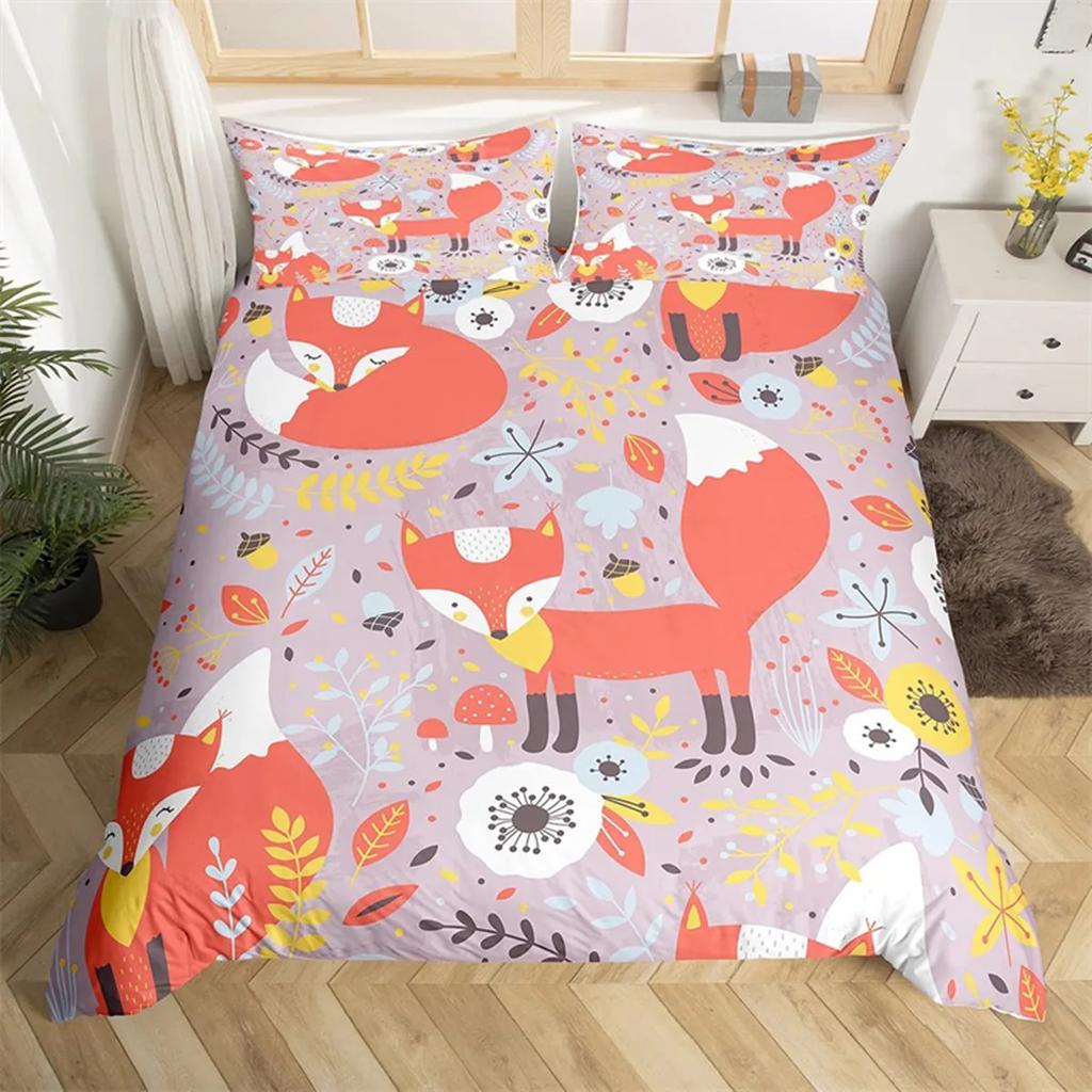 Tecknad Räv Påslakan Kawaii Djur Höstlöv Lönnlöv Tema Skogsdjur för Barn Kvinnor Flickor Sovrumsinredning