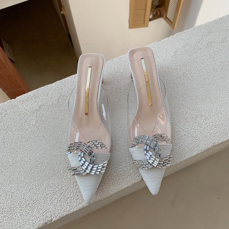 Thick Heel Cool Slippers Women's 2025 Spring and Summer New French Pointed Rhinestone Buckle Transparent Sandals Half Slippers Summer Women's Shoes