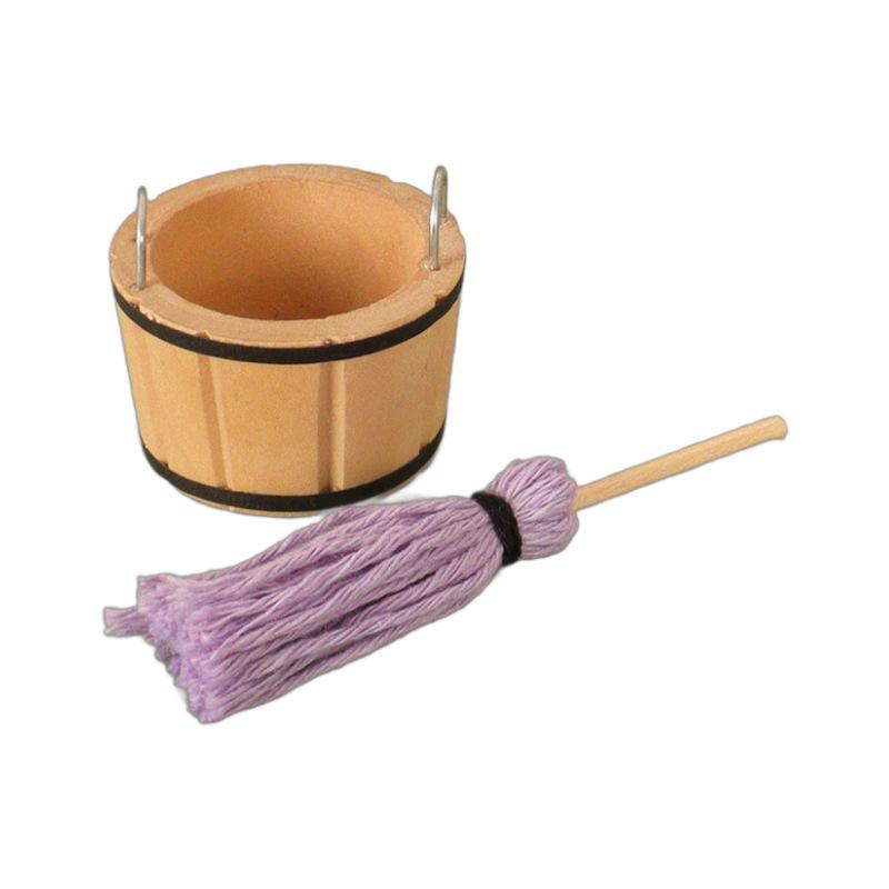 Miniature Dollhouse Broom and Mop Set with Wooden Bucket