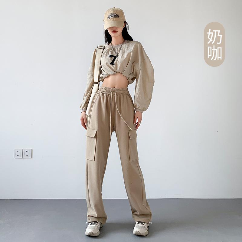 Grey Work Pants, Women's Winter Casual Sports Pants, Loose and Plush Wide Leg Pants for Women