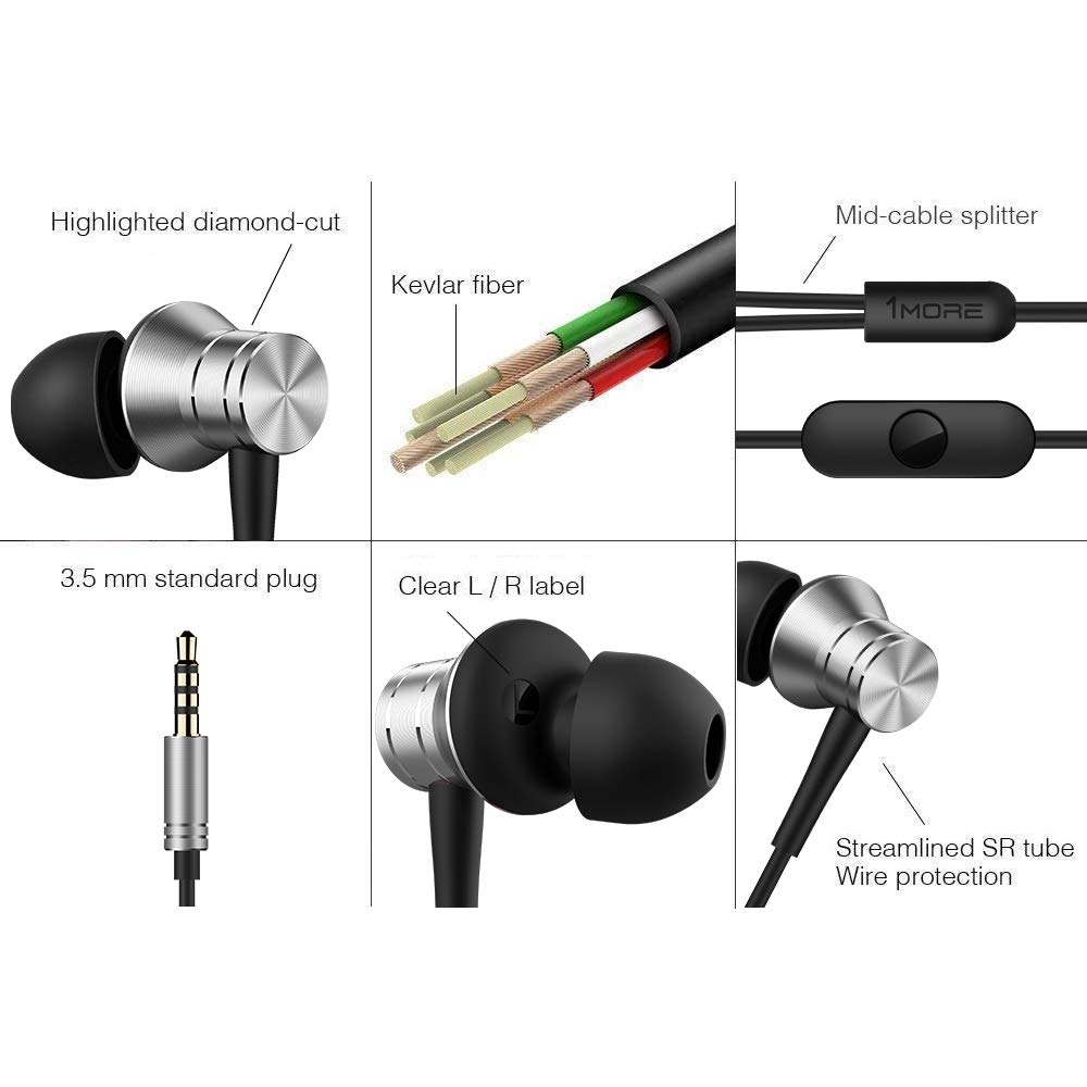 1MORE Wired Piston with Remote Control and 32 Composite E1009 Earphones, Fit, In-Ear Type, Microphone, Hands-Free Calling, Ohm, Diaphragm, (Silver)