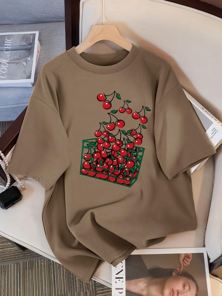 A Basket Of Cherries Printing Female Tee Shirt Breathable Casual T-Shirts Summer Short Sleeve Soft Loose Streetwear Women