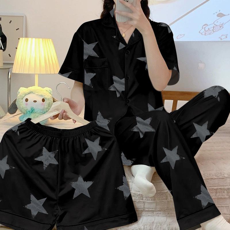 

Spring and summer new pajamas women s imitation cotton short-sleeved stars full print fashion loungewear three-piece set can be worn outside 2XL [Recommended 135-75kg]