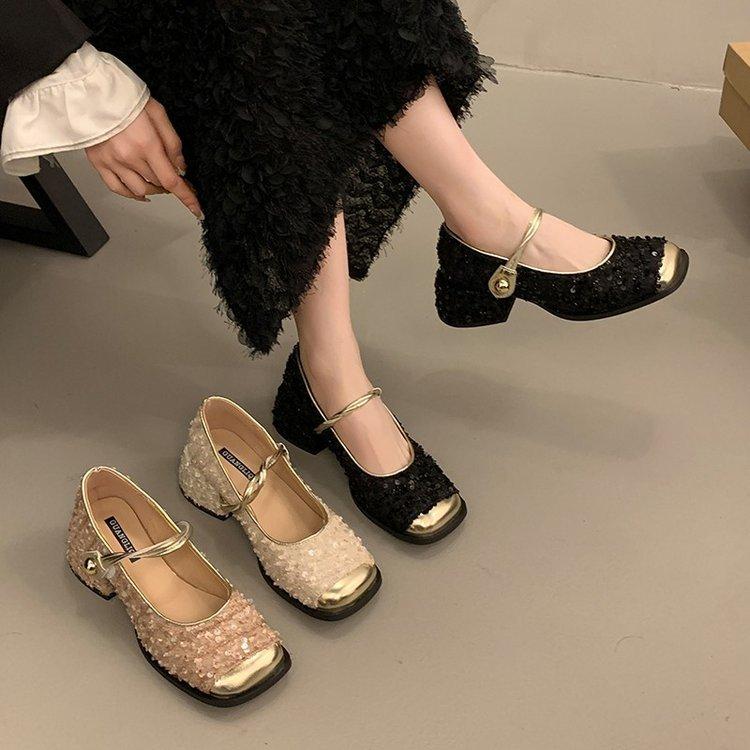 French Sequined Silver Bag Head Half Slippers Women's 2025 Spring and Summer Xiaoxiangfeng Korean Version Temperament Mary Jane Single Shoes Women's S