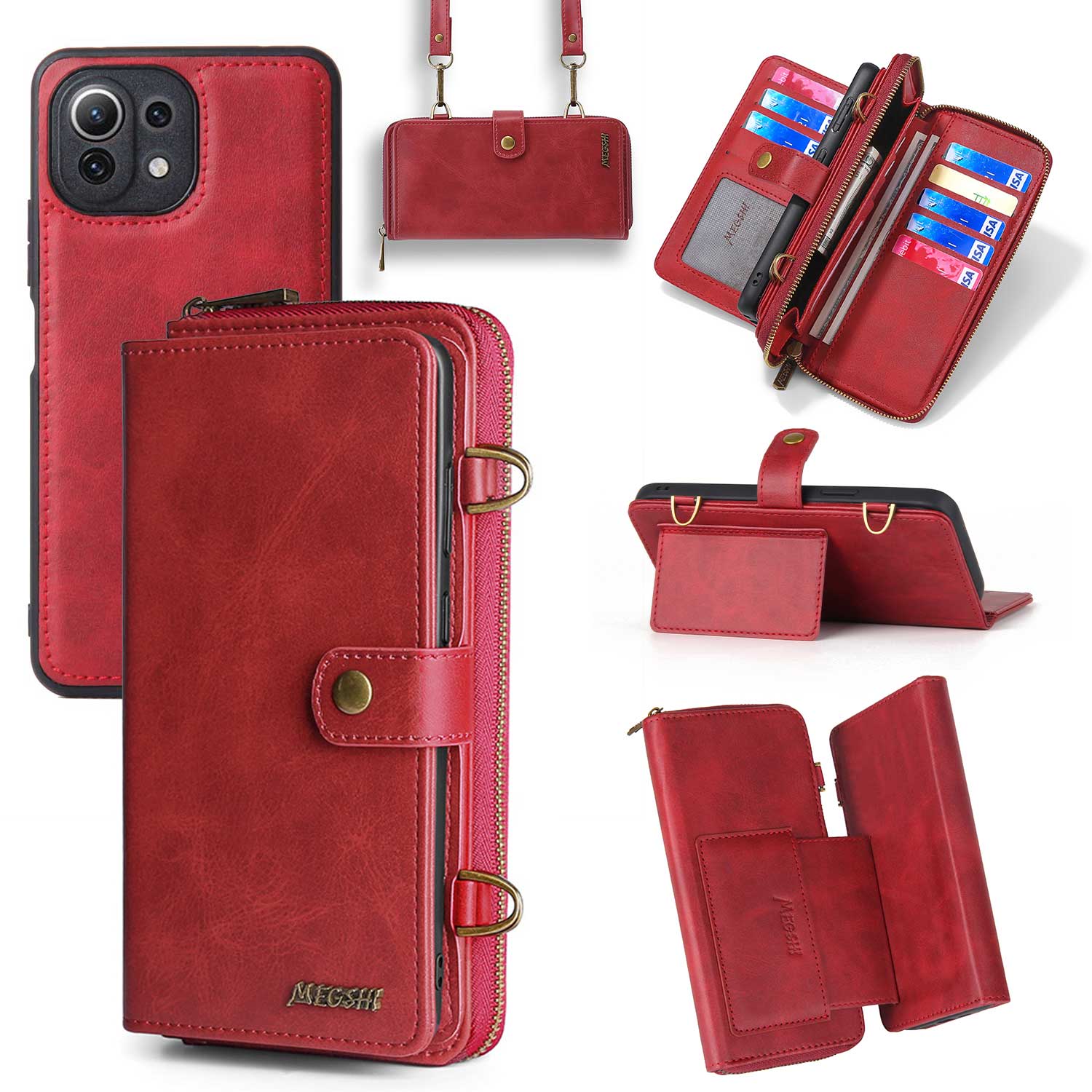 

Серия MEGSHI 020 для Xiaomi Mi 11 Lite 4G/5G/11 Lite 5G NE Съемный чехол-кошелек 2-в-1 из ПУ кожи+ПК+ТПУ с подставкой Red