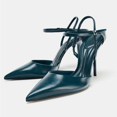 Novelty Dark Blue Patent Leather High Heels Women Fashion Pointed Toe Ankle Buckle Stiletto Sandals Luxury Designer Dress Shoes