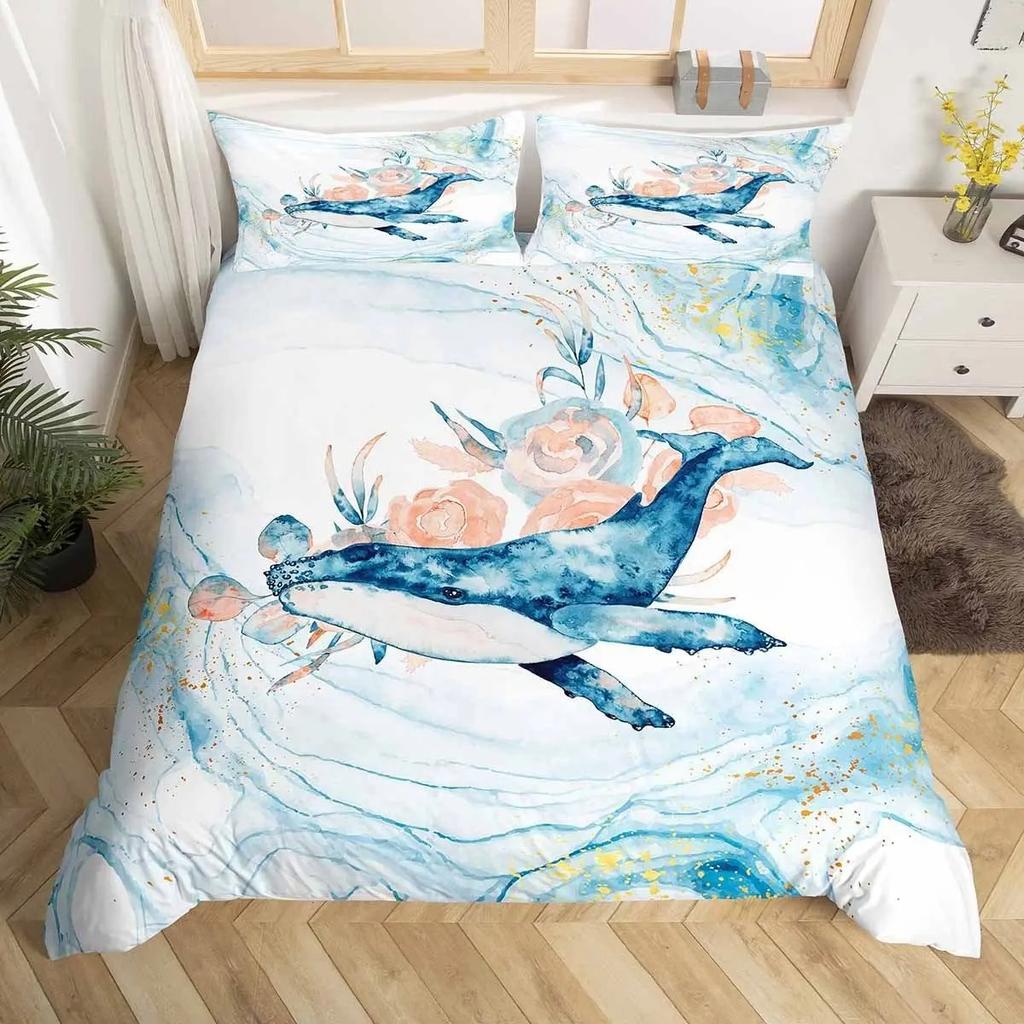 Blauer Bettbezug mit Meereswalen, King-Size-Bett, Cartoon-Meerestiere, Kinderbettwäsche-Set, Küstenstrand, Bettbezug, Meereswellen, Bettbezug