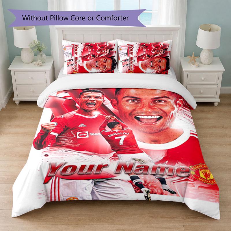 Set Biancheria da Letto Personalizzato Cristiano Ronaldo con Nome Testo 1 Copripiumino+2 Federe Logo Calcio Regalo Personalizzato per Occasione Speciale Arredamento Camera da Letto