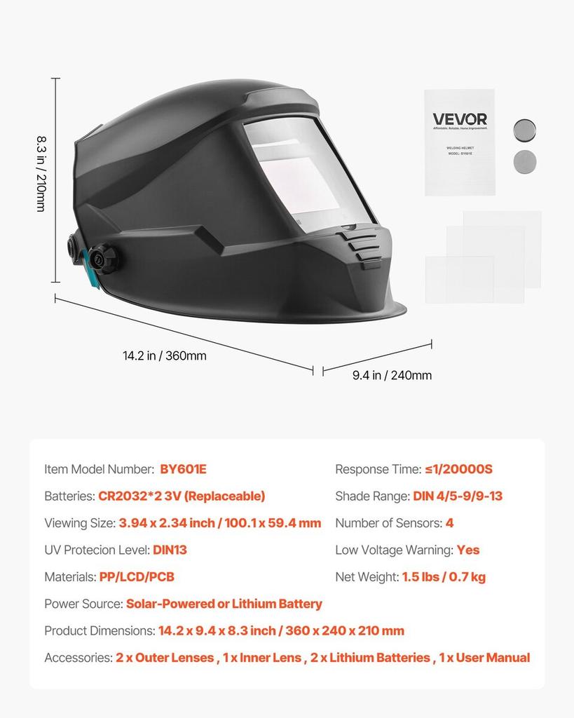 Welding Helmet Auto Darkening, 100 x 59.4 mm True Color Welding Hood, Solar-Powered Welder Mask with 4 Arc Sensors, Wide Shade 4/5-9/9-13 for TIG MIG