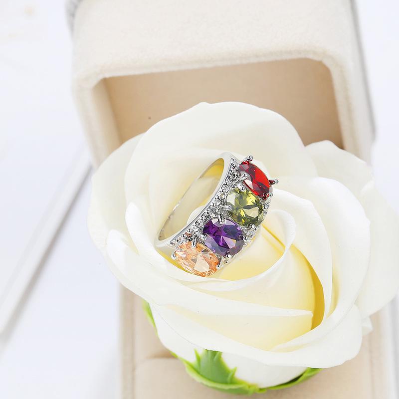 Classic Geometric Silver Color Stackable Round Multicolor AAA Zircon Rainbow Rings for Women Best Lover Gift