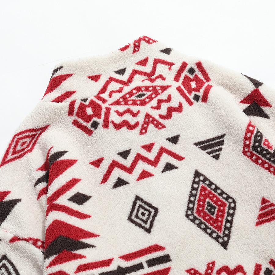 Europese Maat Koreaanse Chic Winter Retro Etnisch Geometrisch Print Casual Lange Mouw Rits Top