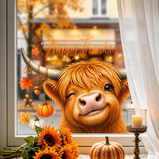Cute Animal Window Decals Highland Cow Clings, Autumn Pumpkin Maple Leaves Static Seasonal Art Supplies Stickers, Waterproof PVC for Thanksgiving