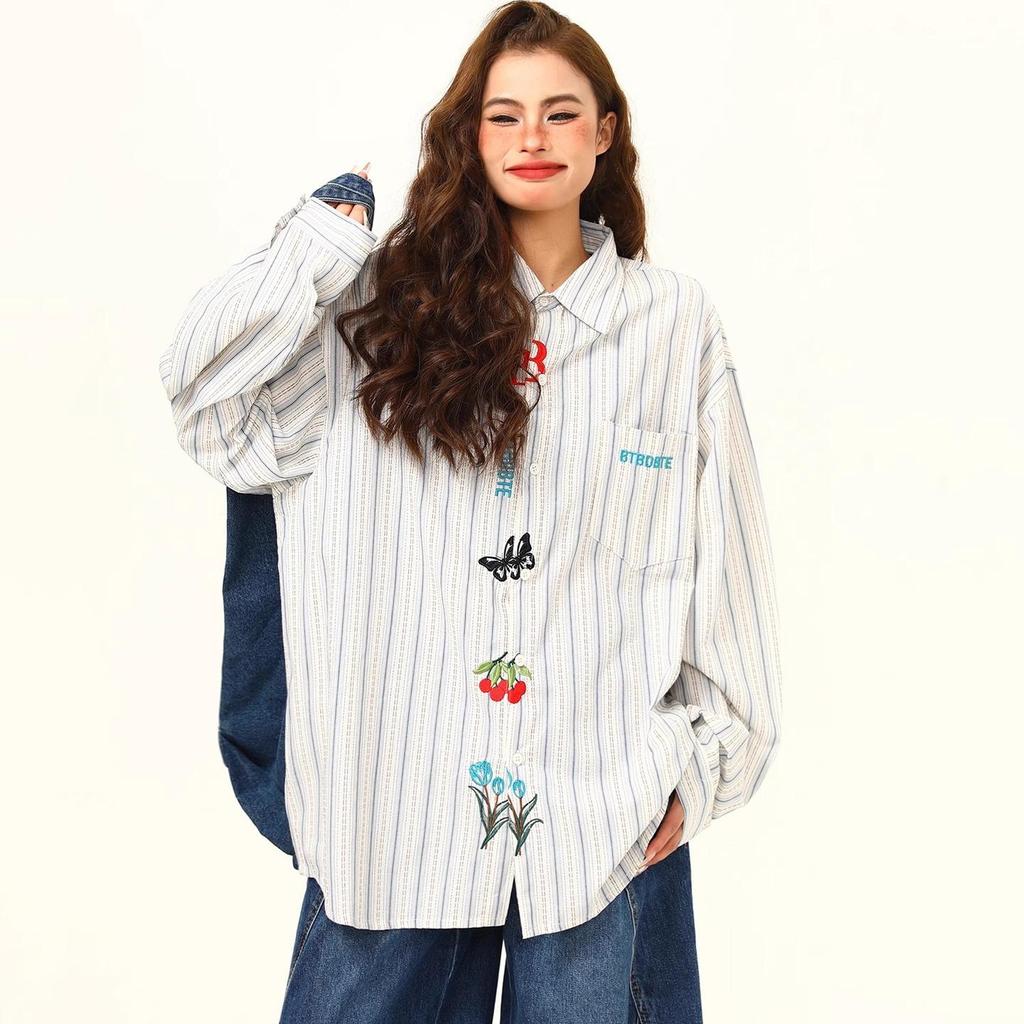 Women's 2025 Artistic Striped Embroidered Long Sleeve Shirt - Retro, Loose, Versatile for Spring & Autumn