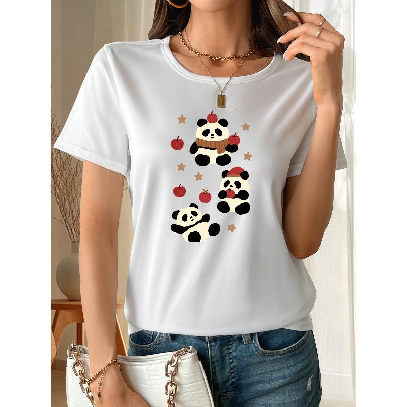 Women'S "Apple Panda" Printed T-shirt | Casual Short-sleeved, Soft and Breathable, Moderate Elasticity, Machine Washable, Round-necked Top