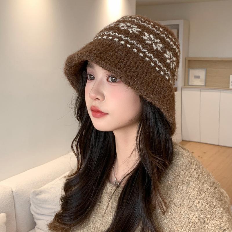 Fleece Thermal Hat Autumn and Winter Hat Women's Retro Bucket Hat Jacquard Knitted Wool Hat