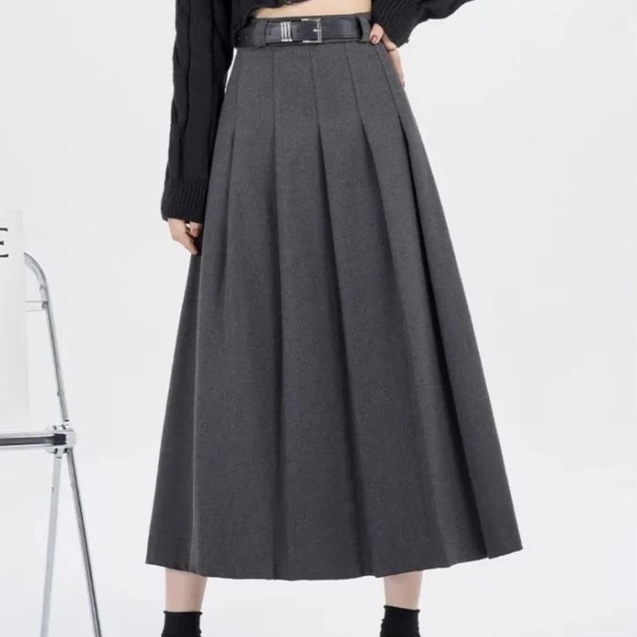 Women s Woolen High Waist A-line Skirt: Autumn/Winter Mid-Length Slimming Draped Wide Hem XXL