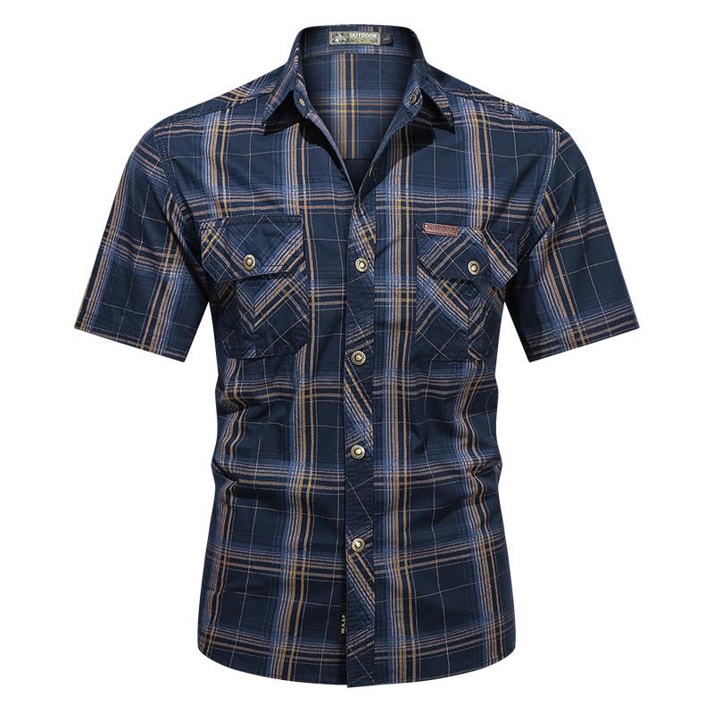 Army Shirt Men Fashion Military Short-sleeve Tops Casual Top Male Lapel Plaid Work Shirts Summer