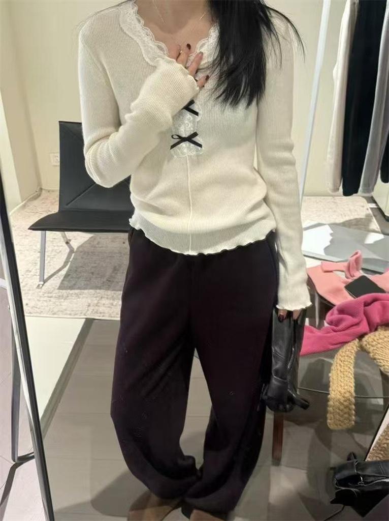 Women's Lace Bow V-Neck Wool Sweater - 2024 Autumn/Winter Slim Fit French Style