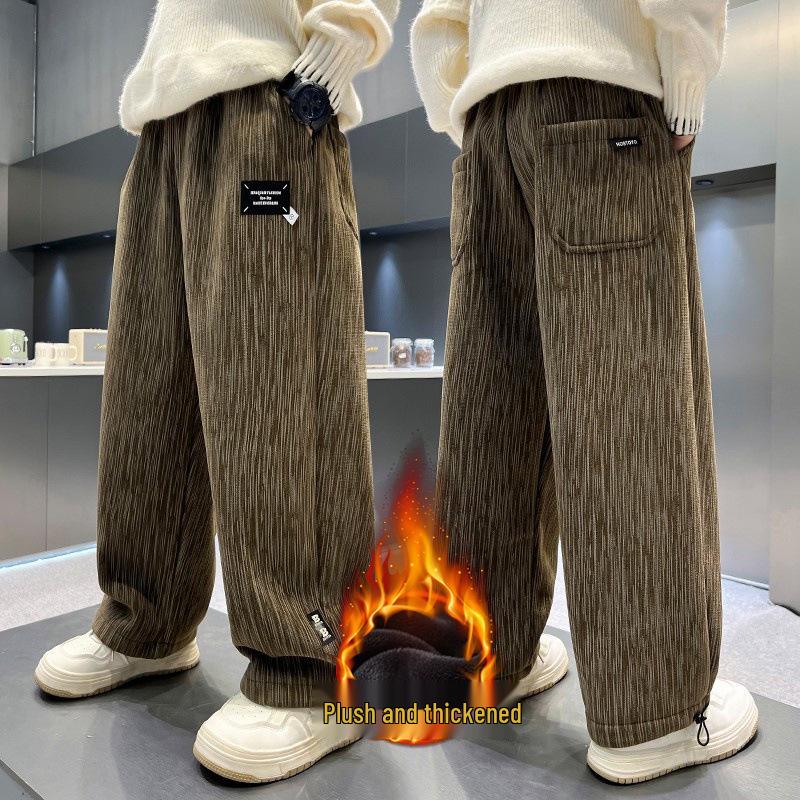 Boys' Fleece-Lined Corduroy Pants - Autumn & Winter Style, Thickened One-Piece Fleece, Handsome Casual Pants for Older Boys