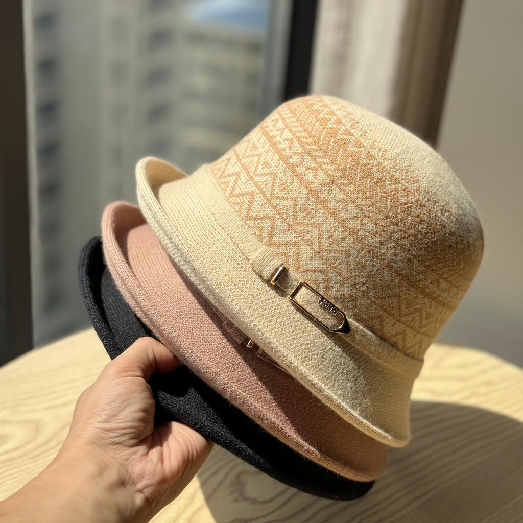New Hat Women's Autumn and Winter Knitted Hat French Rolled Edge Fisherman Hat Fashionable Metal Buckle Style Basin Hat Trendy