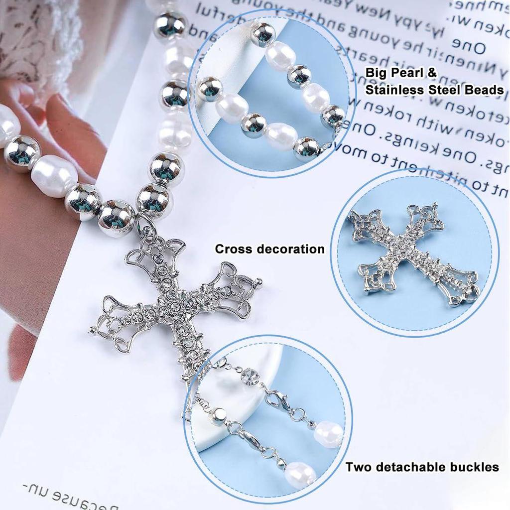 Crystal Cross Necklace for Women Girls, Big Pearl Stainless Steel Beads Necklace Choker, Cool Punk Cross Pendant Bling Chain Jewellery Gifts - Silver