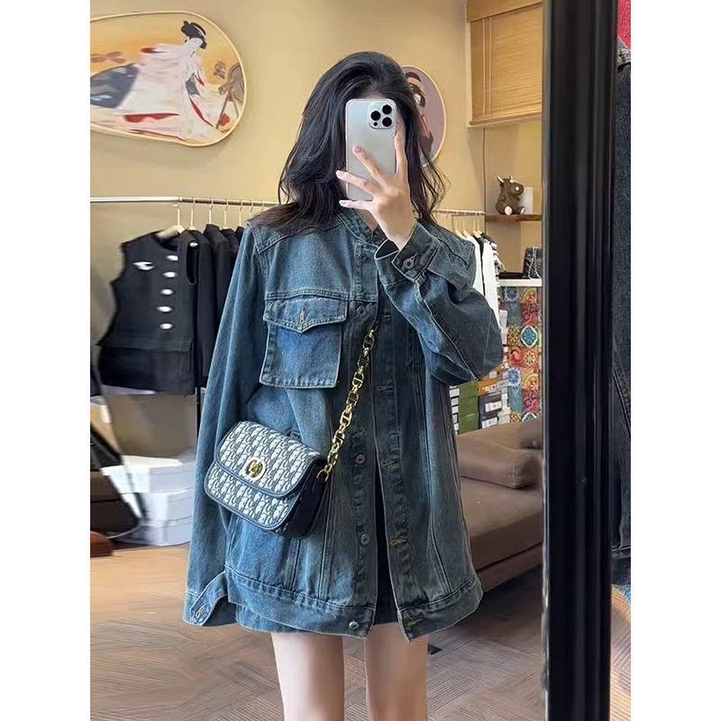 Schickes Herbst-Denimjacken- und High-Waist-Midiröck-Set für Damen