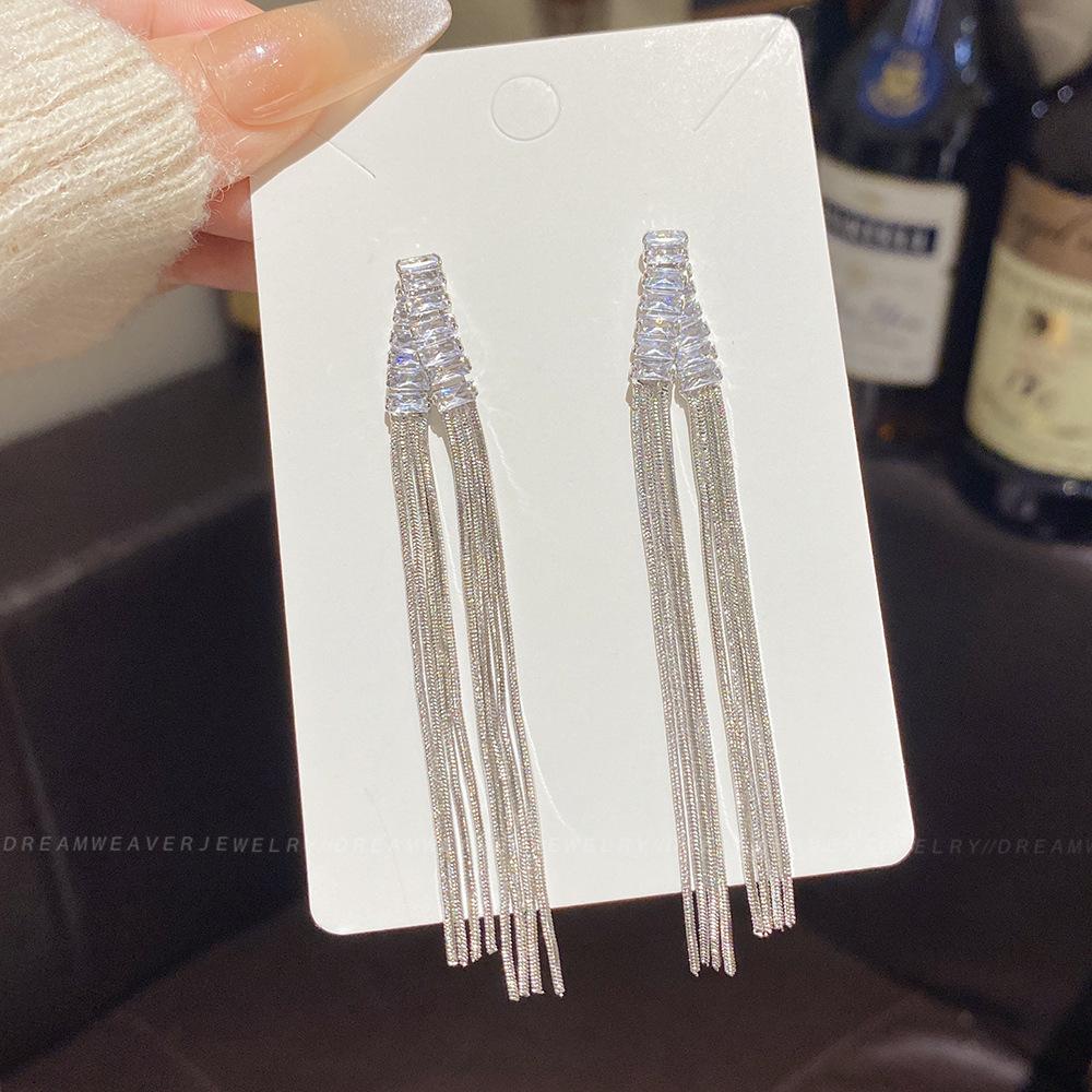 925 Sterling Silver Full Diamond Tassel Earrings – High-End European & American Style, Super Shiny, Luxurious Ear Jewelry for Women.