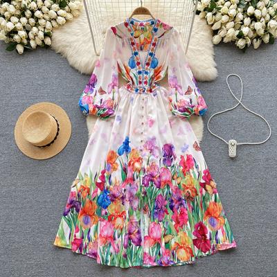 New 2024 Women V-neck Print Long Maxi Holiday Beach Dresses Single Breasted Ankle Length Boho Seaside Dress