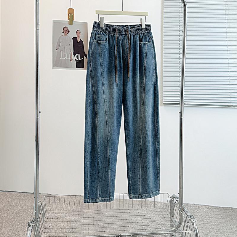 

Autumn 2025 High Waist Plus Size Drawstring Dad Pants - Slimming Straight Leg 3XL (120-140 jin) джинсовый синий