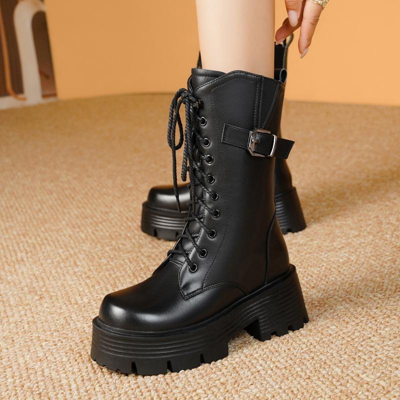 Fashion Snow Boots Female Genuine Leather New High Heel Platform Women Ankle Boots British Style Natural Wool Warm Women Winter Boots