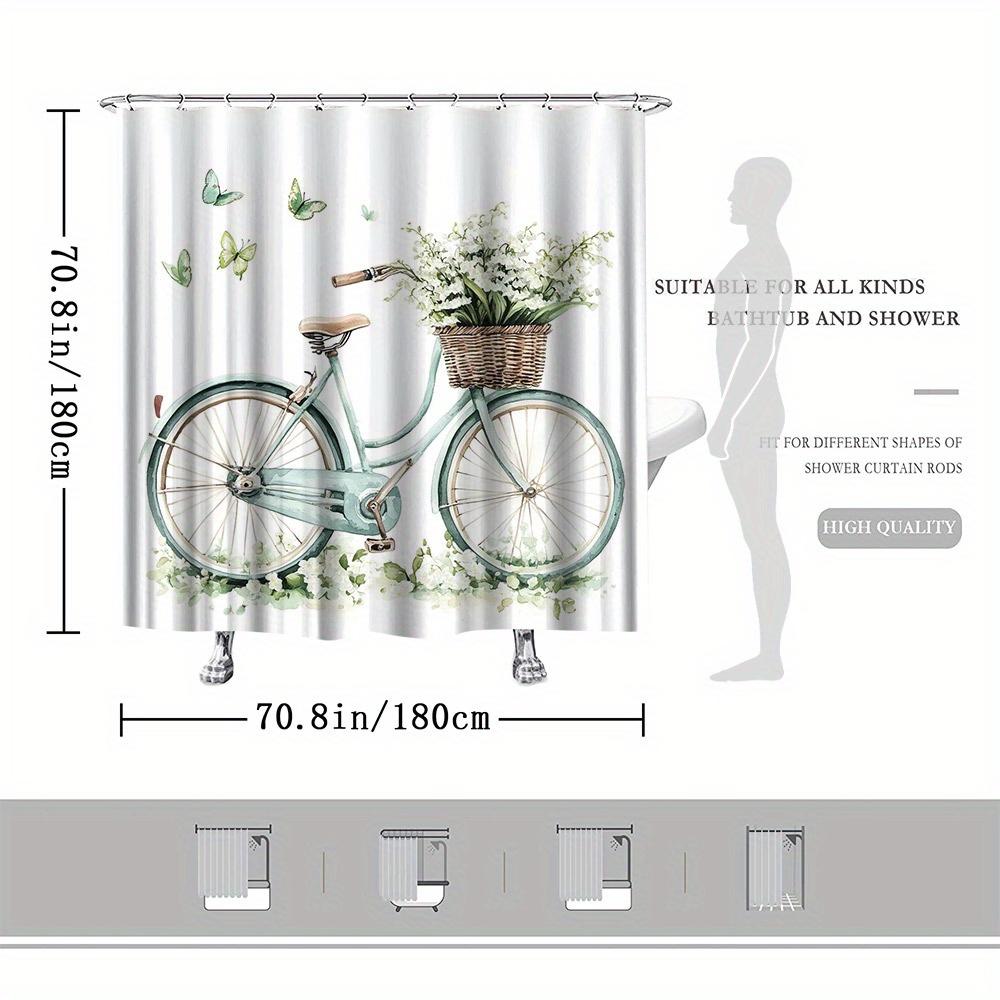 Vintage Bicycle Floral Shower Curtain, Light Turquoise Bike With White Flowers, Polyester, Romantic Bath Decor