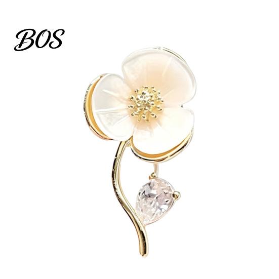 Women Brooch Flower Stem Design Pin, Shell Petals Mini Pin Vintage Style for V-Neck Collars Scarves Cardigans Spring Summer Gift Faux Pearl Effect
