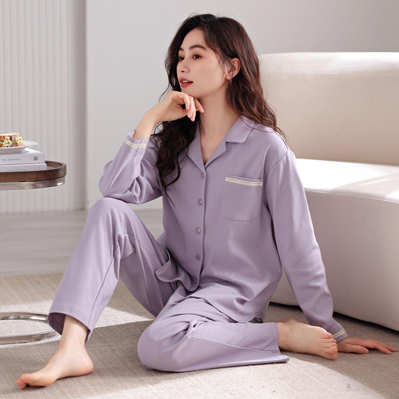 Pajamas for women, spring/autumn pure cotton long-sleeve 1011 new minimalist casual cardigan, women's loungewear set