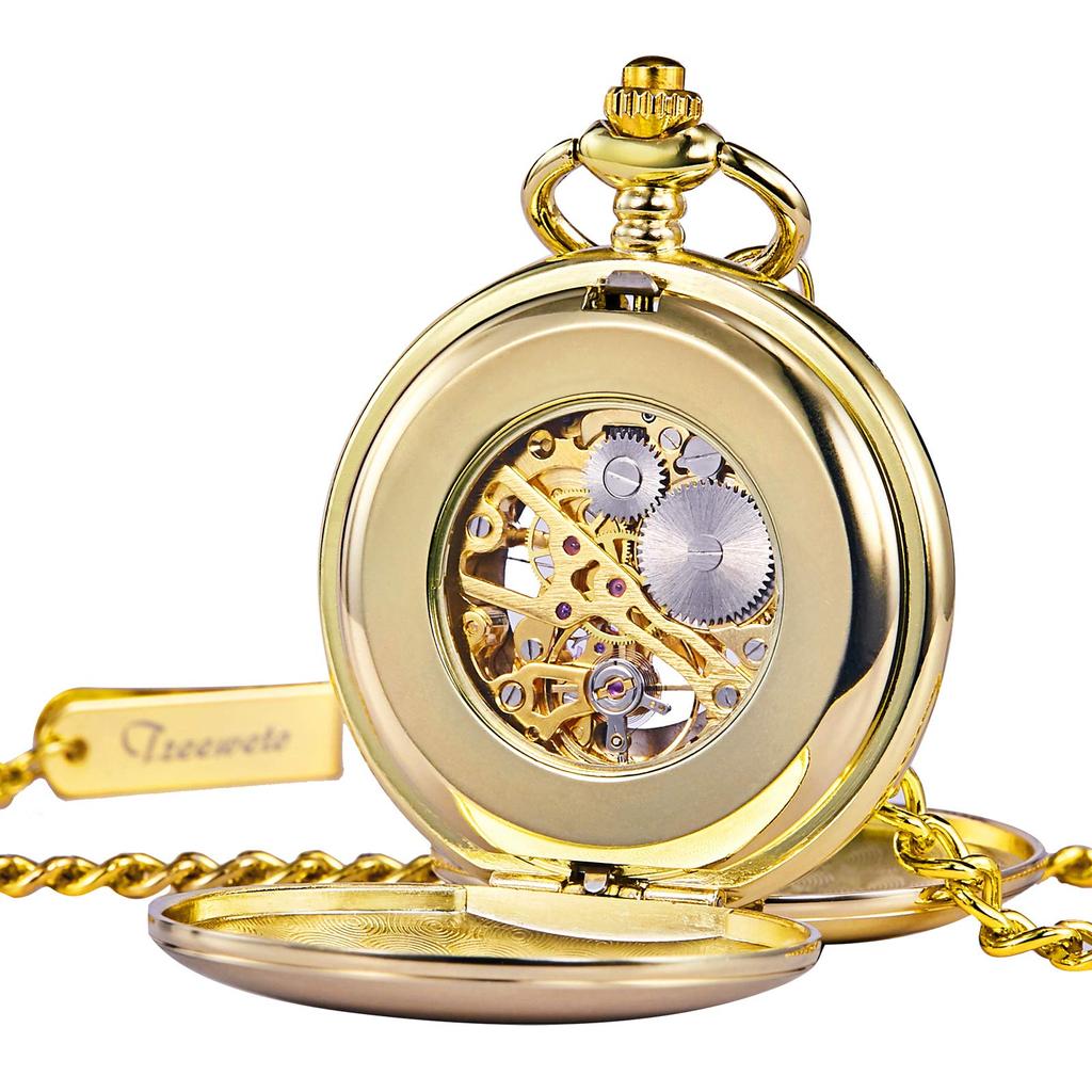TREEWETO mechanické kapesní hodinky starožitný modrý ciferník kostra římské číslice zlatá dvojitá lovecká s řetízkovým víkem
