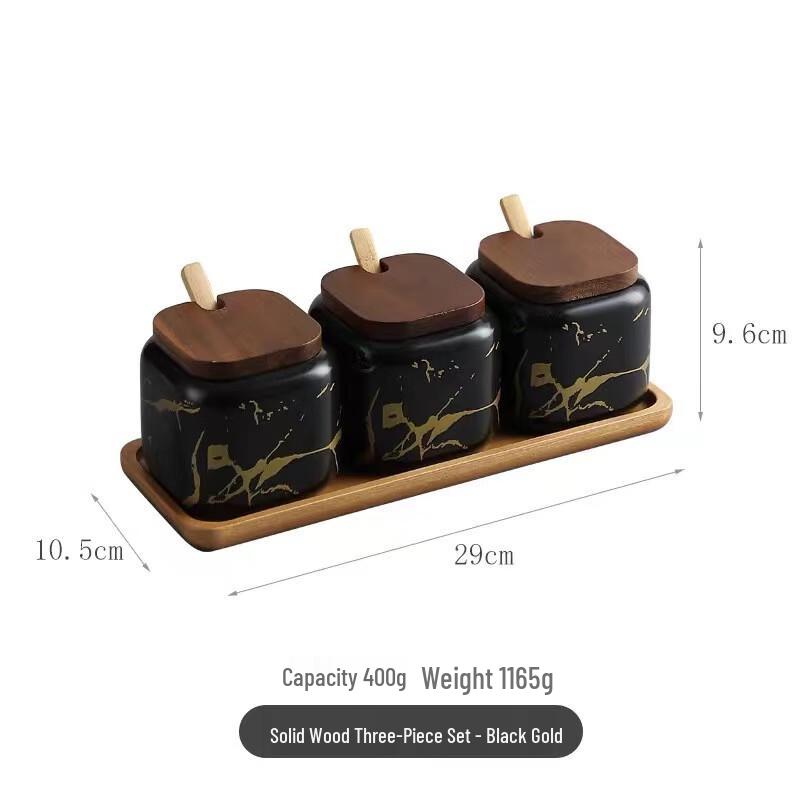Qianxing Ceramic Spice Jar Set with Acacia Wood Lid - Black Marble (3-Piece)
