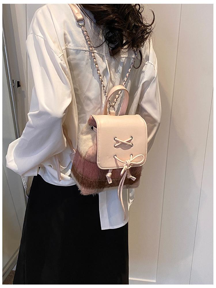 2024 New Fashion Butterfly Knot Grid Pattern Pu Shoulder Bag White Silver Black Pink Plaid Pink,M