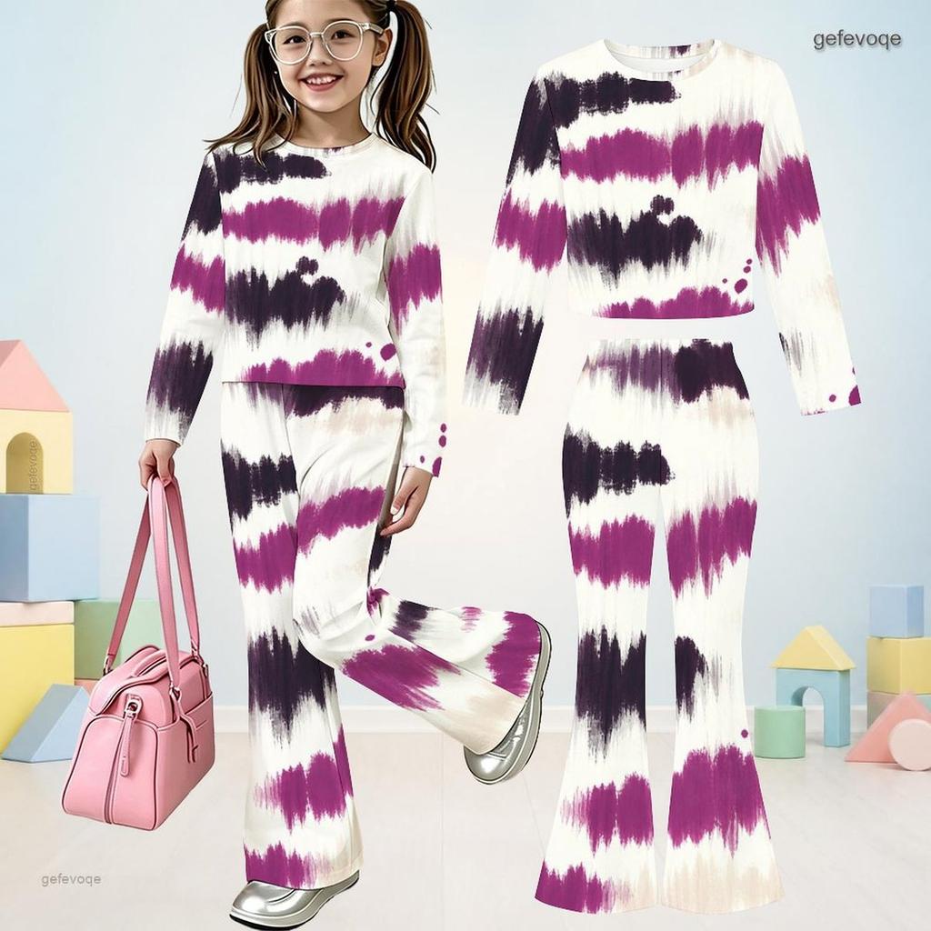 Girls Round Neck Long Sleeve Multi Color Printed Top And Flared Pants Two Piece Set