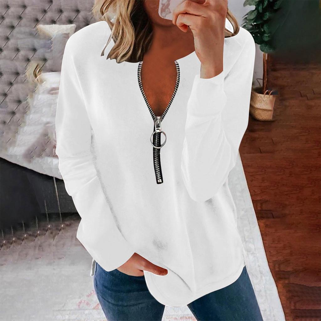 Women Summer Casual Sexy V-neck Printed Zipper LongSleeves Tops