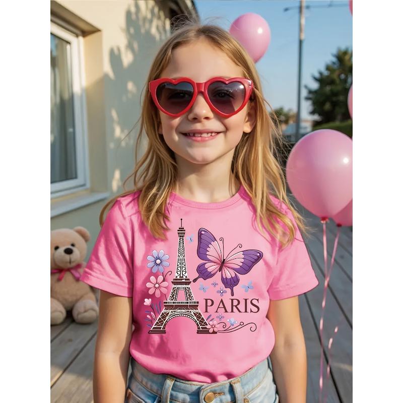 European sizes Girls' Summer Clothing, Toddler Girls' Outfits, T-Shirt with Eiffel Tower And Butterfly Flower Print, Creating a Stylish Look