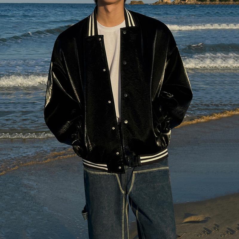 

Pi Shuai контрастного цвета кожаная куртка мужская осенне-зимняя свободная бейсбольная форма корейский стиль модная кожаная куртка-авиатор XL чёрный