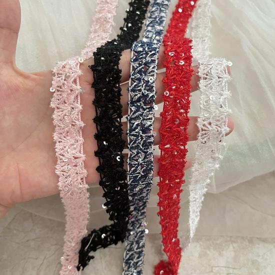 1.5cm Wide Black, White & Pink Hollow Lace Trim with Light Luxury Sequins - DIY Ribbon for Fragrance Style Crafts