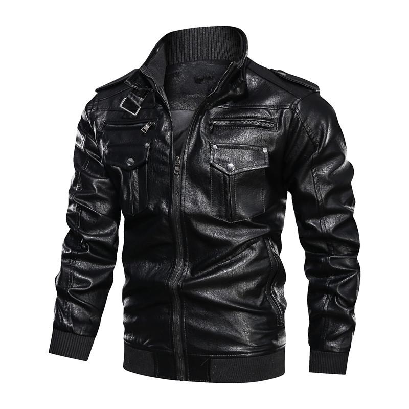 

Men s Black Faux Leather Bomber Jacket Multi-Pocket Military Style Casual Coat 3XL