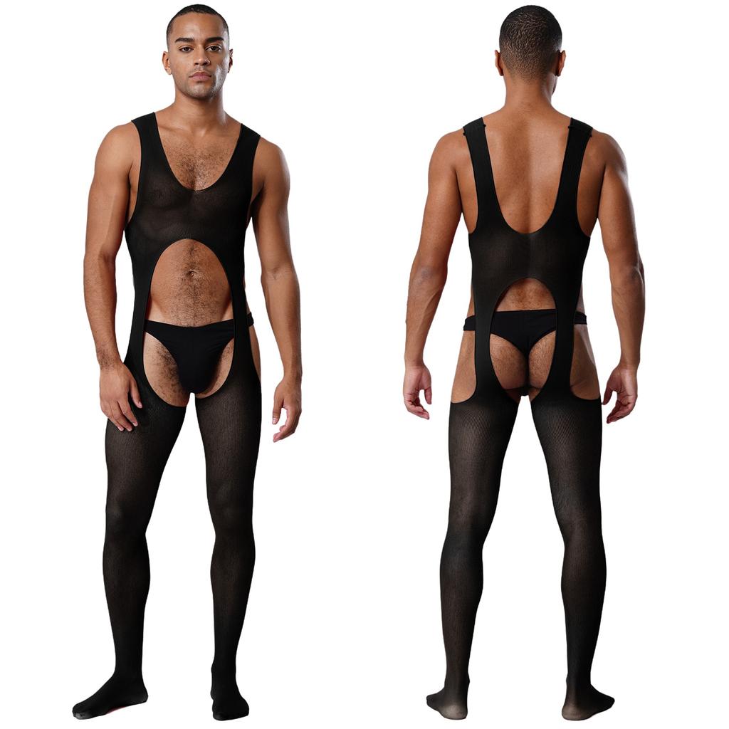 Mens See Through Sheer Jumpsuit Sleeveless Hollow Out Opening Crotch Bodysuit